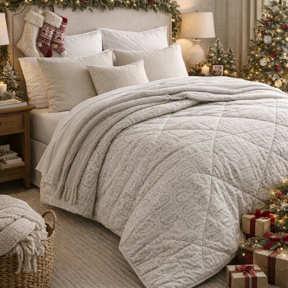 Pottery Barn Peace on Earth Gray Flannel Comforter Full Queen Size NWOT